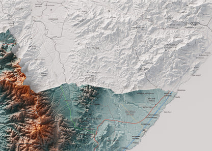 Mapa de relieve del Baix Ebre, con el territorio en color y el entorno en blanco. Detalle de la zona superior derecha. 50 × 70 cm. Estilo Azul y naranja.