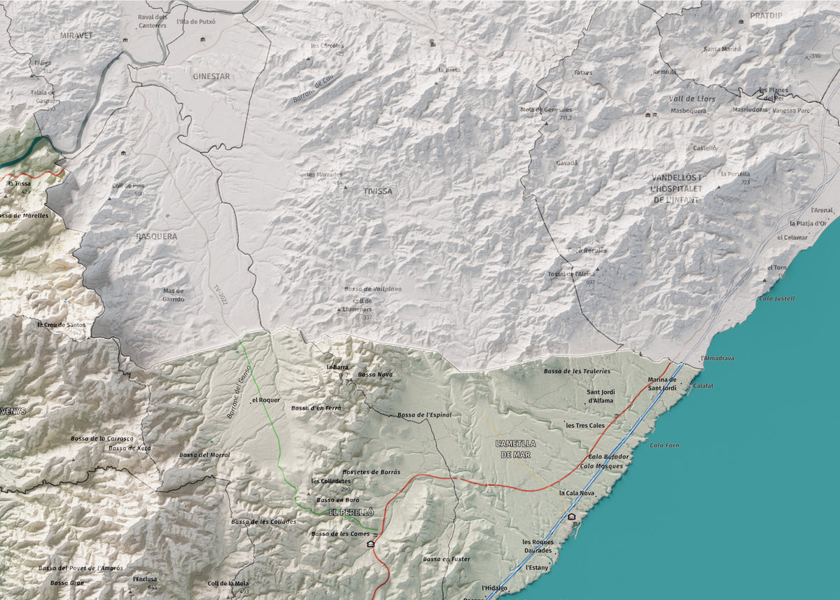 Mapa de relieve del Baix Ebre, con el territorio en color y el entorno en blanco. Detalle de la zona superior derecha. 50 × 70 cm. Estilo Cartográfico.