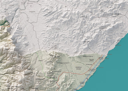 Mapa de relieve del Baix Ebre, con el territorio en color y el entorno en blanco. Detalle de la zona superior derecha. 50 × 70 cm. Estilo Cartográfico.
