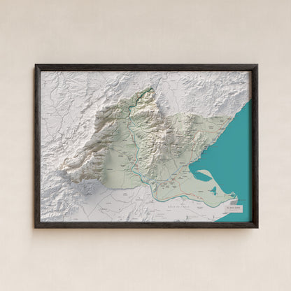 Mapa de relieve del Baix Ebre, con el territorio en color y el entorno en blanco. Presentación con marco. 50 × 70 cm. Estilo Cartográfico.