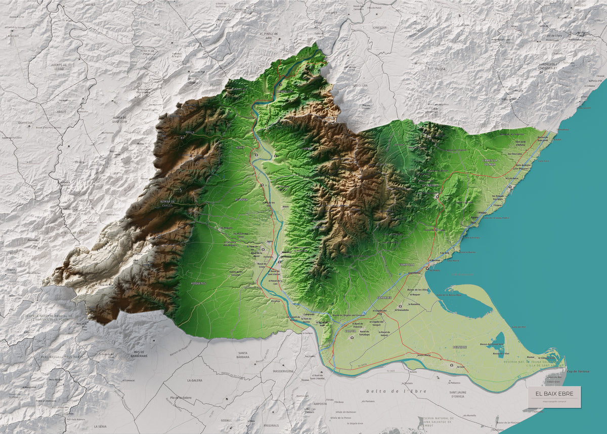 Mapa de relieve del Baix Ebre, con el territorio en color y el entorno en blanco. Vista completa de la lámina. 50 × 70 cm. Estilo Clásico.