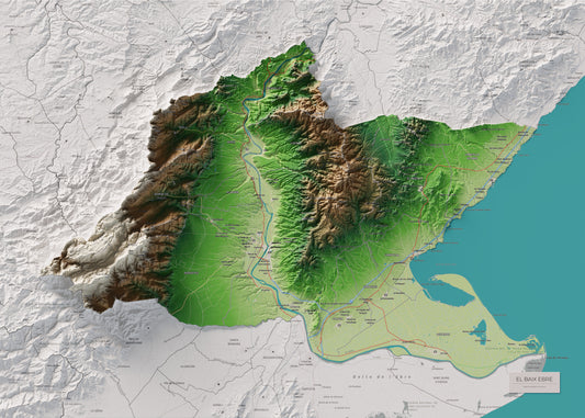 Mapa de relieve del Baix Ebre, con el territorio en color y el entorno en blanco. Vista completa de la lámina. 50 × 70 cm. Estilo Clásico.