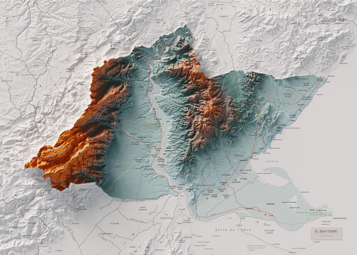 Mapa de relieve del Baix Ebre, con el territorio en color y el entorno en blanco. Vista completa de la lámina. 50 × 70 cm. Estilo Azul y naranja.