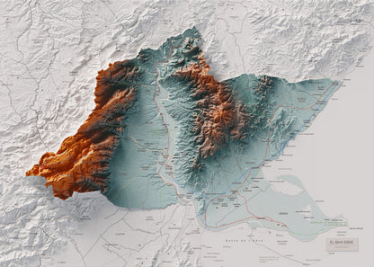 Mapa de relieve del Baix Ebre, con el territorio en color y el entorno en blanco. Vista completa de la lámina. 50 × 70 cm. Estilo Azul y naranja.