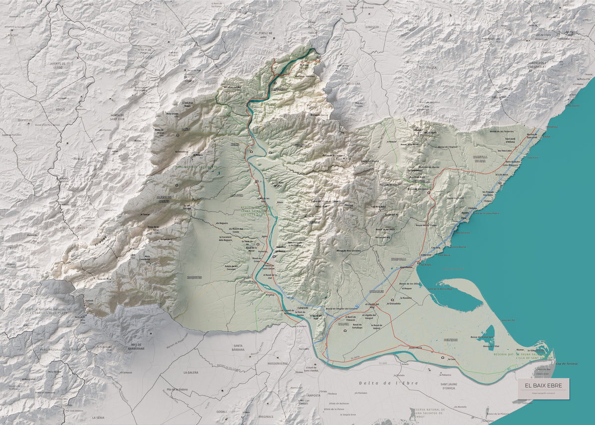 Mapa de relieve del Baix Ebre, con el territorio en color y el entorno en blanco. Vista completa de la lámina. 50 × 70 cm. Estilo Cartográfico.