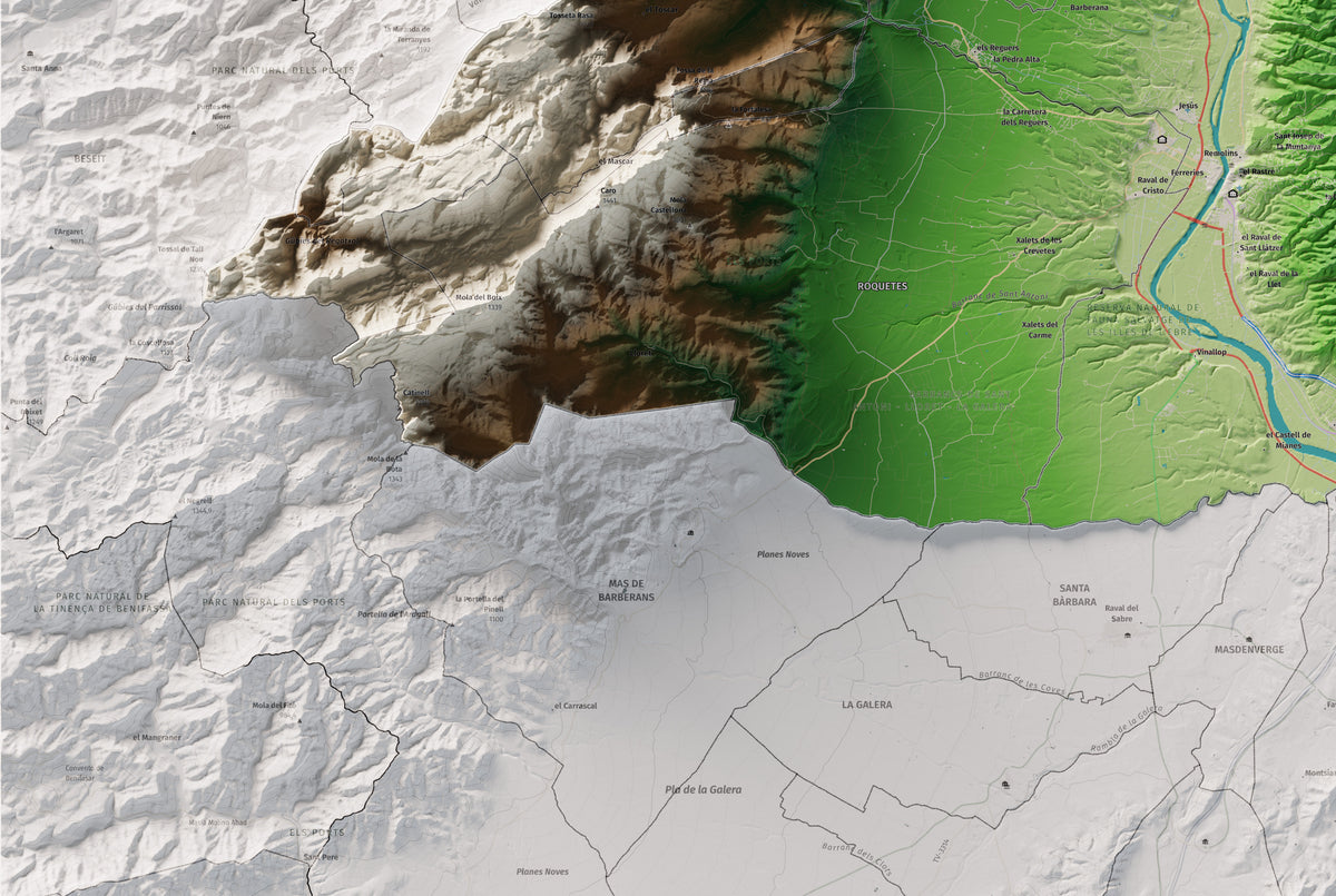 Mapa de relieve del Baix Ebre, con el territorio en color y el entorno en blanco. Detalle de la zona inferior izquierda. 61 × 91 cm. Estilo Clásico.