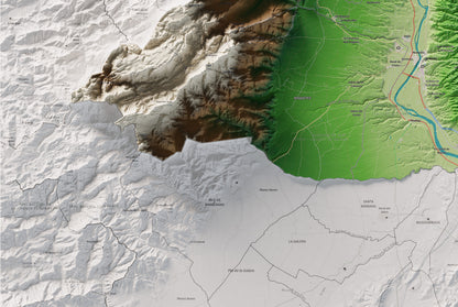 Mapa de relieve del Baix Ebre, con el territorio en color y el entorno en blanco. Detalle de la zona inferior izquierda. 61 × 91 cm. Estilo Clásico.
