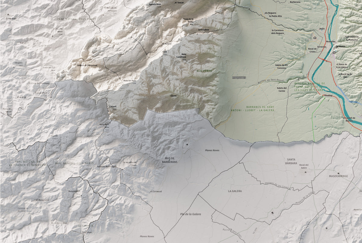 Mapa de relieve del Baix Ebre, con el territorio en color y el entorno en blanco. Detalle de la zona inferior izquierda. 61 × 91 cm. Estilo Cartográfico.