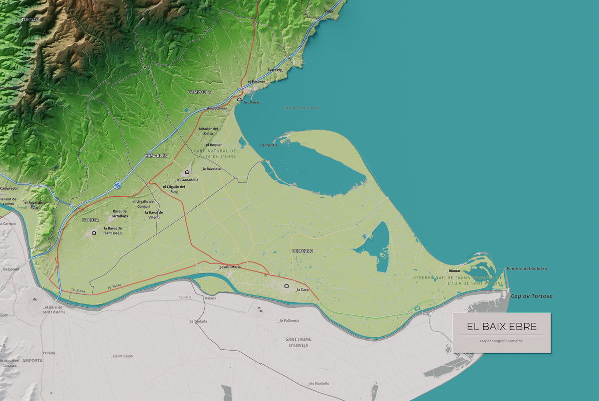 Mapa de relieve del Baix Ebre, con el territorio en color y el entorno en blanco. Detalle de la zona inferior derecha. 61 × 91 cm. Estilo Clásico.