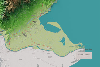 Mapa de relieve del Baix Ebre, con el territorio en color y el entorno en blanco. Detalle de la zona inferior derecha. 61 × 91 cm. Estilo Clásico.