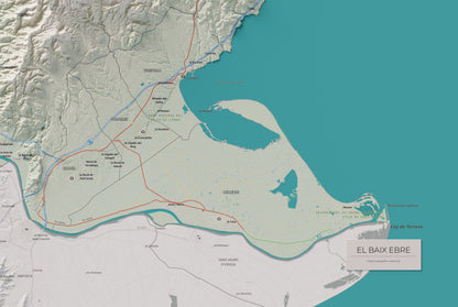 Mapa de relieve del Baix Ebre, con el territorio en color y el entorno en blanco. Detalle de la zona inferior derecha. 61 × 91 cm. Estilo Cartográfico.