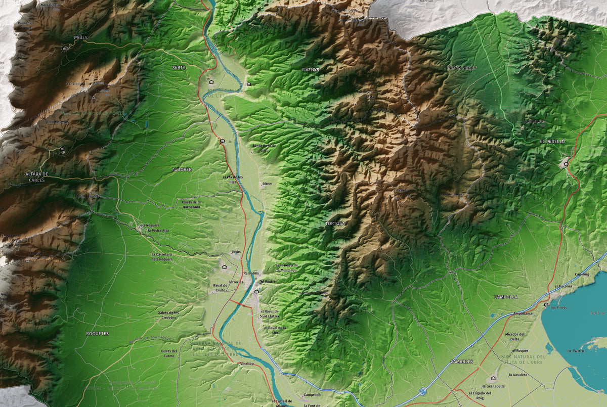 Mapa de relieve del Baix Ebre, con el territorio en color y el entorno en blanco. Detalle de la zona central. 61 × 91 cm. Estilo Clásico.