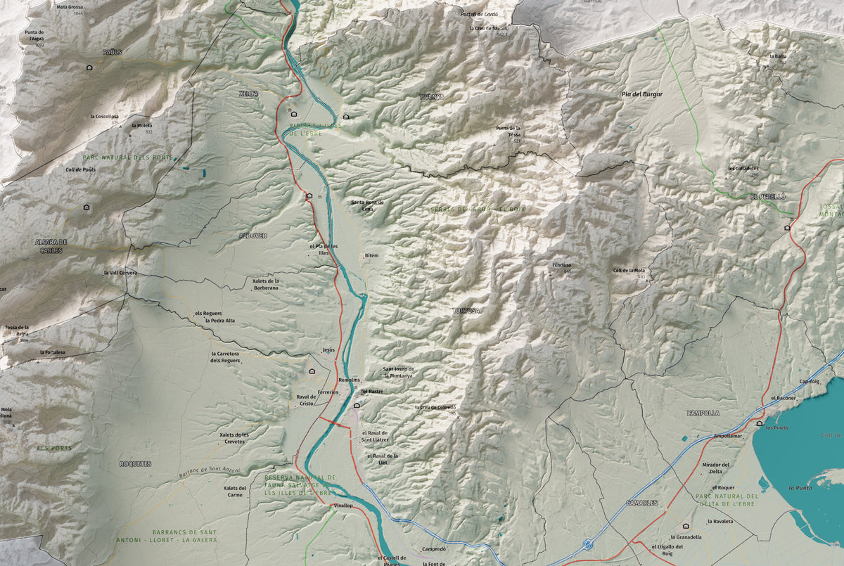 Mapa de relieve del Baix Ebre, con el territorio en color y el entorno en blanco. Detalle de la zona central. 61 × 91 cm. Estilo Cartográfico.
