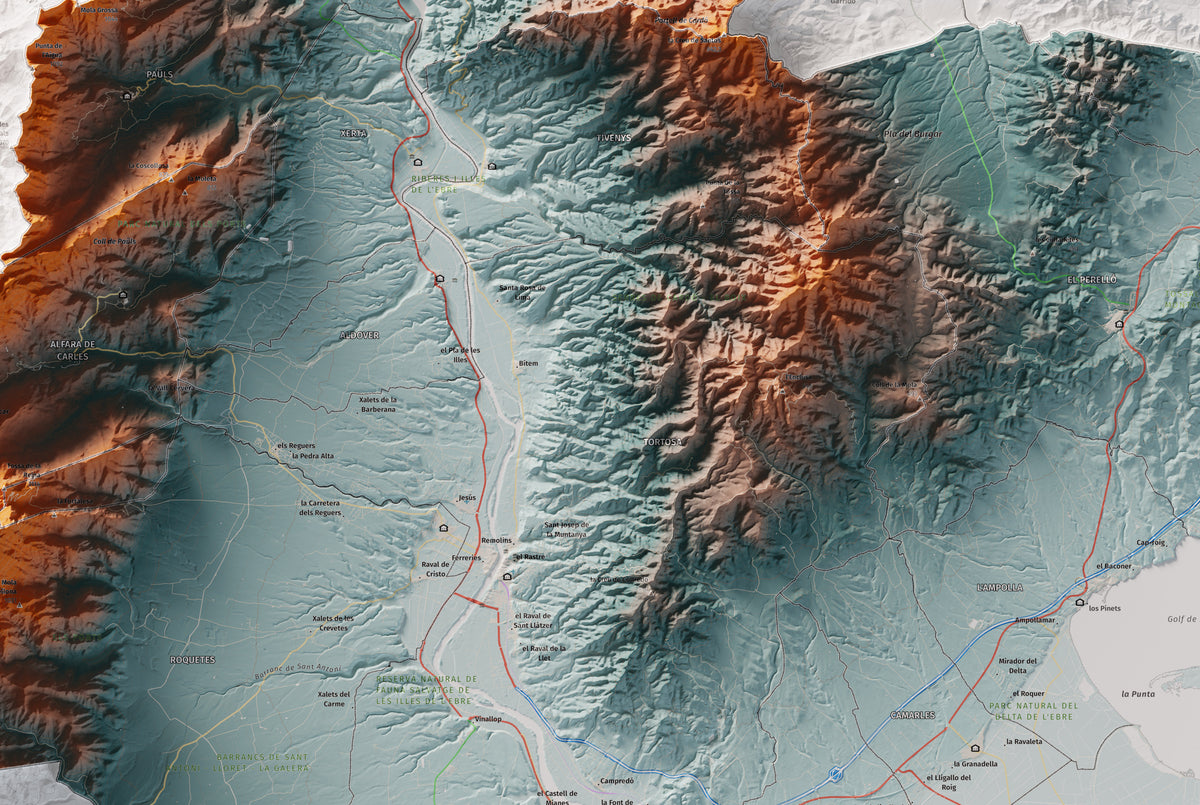 Mapa de relieve del Baix Ebre, con el territorio en color y el entorno en blanco. Detalle de la zona central. 61 × 91 cm. Estilo Azul y naranja.