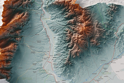 Mapa de relieve del Baix Ebre, con el territorio en color y el entorno en blanco. Detalle de la zona central. 61 × 91 cm. Estilo Azul y naranja.
