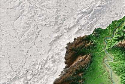Mapa de relieve del Baix Ebre, con el territorio en color y el entorno en blanco. Detalle de la zona superior izquierda. 61 × 91 cm. Estilo Clásico.