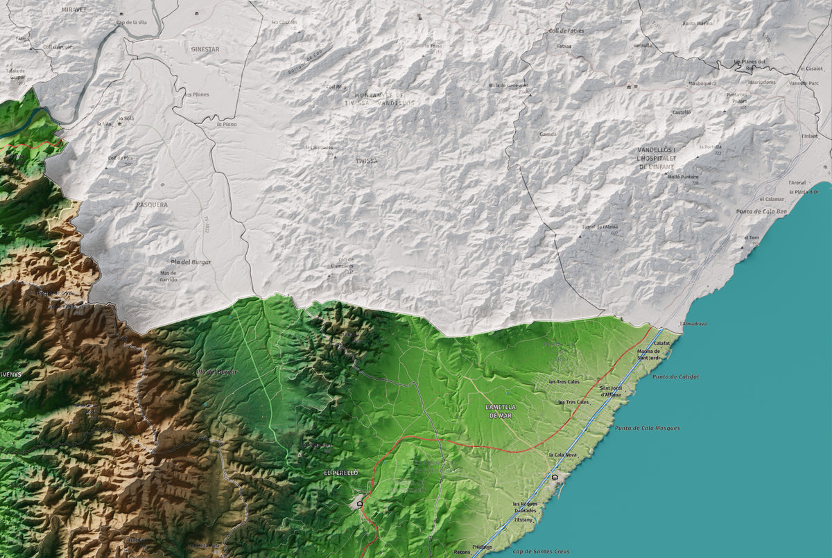Mapa de relieve del Baix Ebre, con el territorio en color y el entorno en blanco. Detalle de la zona superior derecha. 61 × 91 cm. Estilo Clásico.