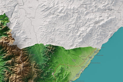 Mapa de relieve del Baix Ebre, con el territorio en color y el entorno en blanco. Detalle de la zona superior derecha. 61 × 91 cm. Estilo Clásico.