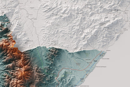 Mapa de relieve del Baix Ebre, con el territorio en color y el entorno en blanco. Detalle de la zona superior derecha. 61 × 91 cm. Estilo Azul y naranja.
