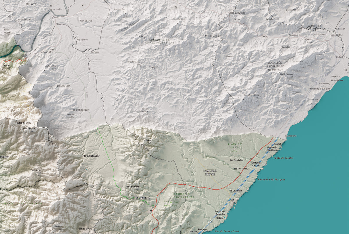 Mapa de relieve del Baix Ebre, con el territorio en color y el entorno en blanco. Detalle de la zona superior derecha. 61 × 91 cm. Estilo Cartográfico.
