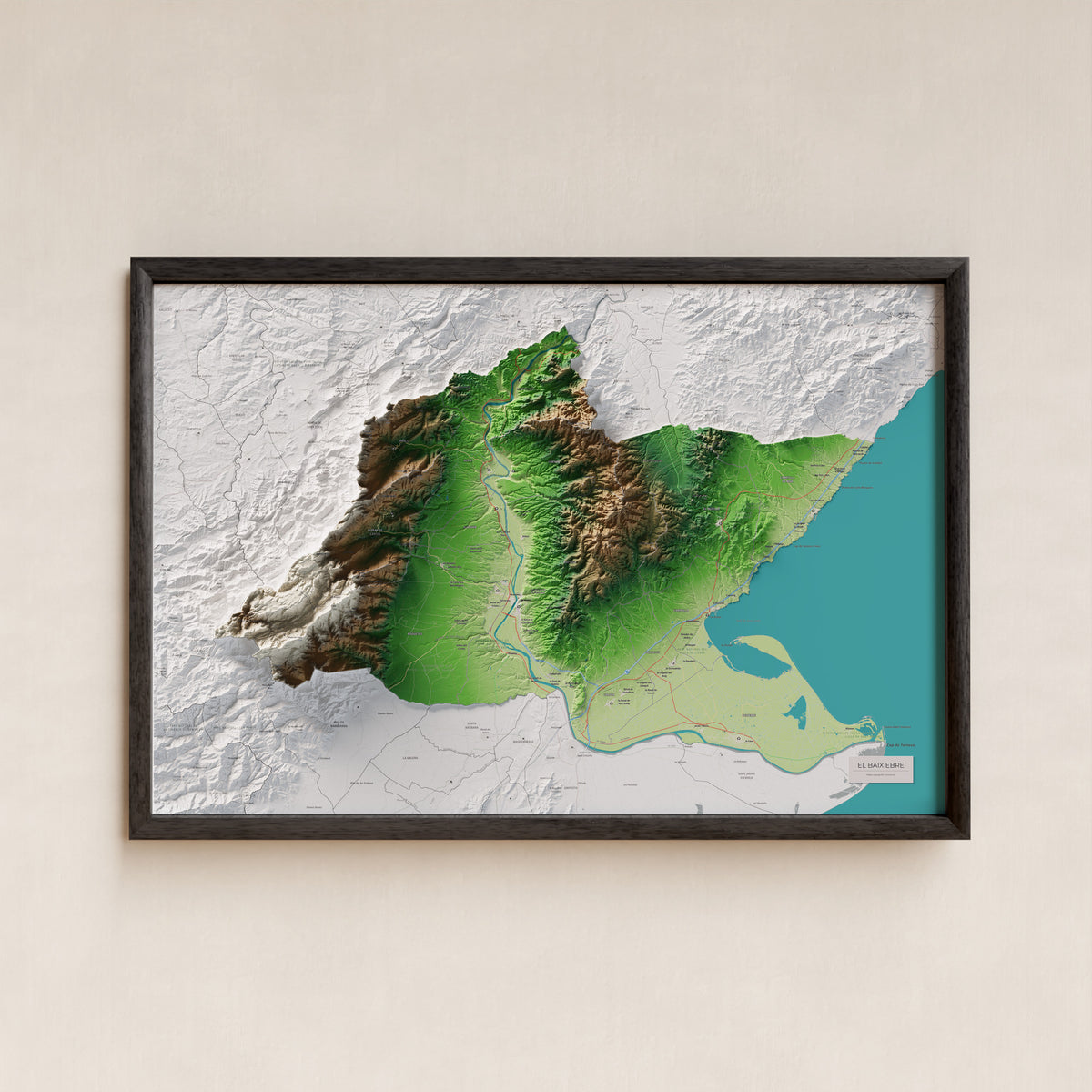 Mapa de relieve del Baix Ebre, con el territorio en color y el entorno en blanco. Presentación con marco. 61 × 91 cm. Estilo Clásico.