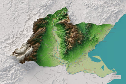 Mapa de relieve del Baix Ebre, con el territorio en color y el entorno en blanco. Vista completa de la lámina. 61 × 91 cm. Estilo Clásico.