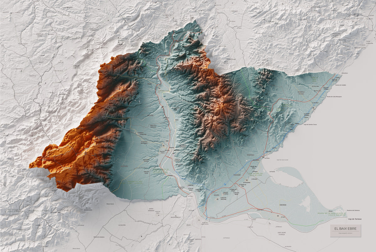 Mapa de relieve del Baix Ebre, con el territorio en color y el entorno en blanco. Vista completa de la lámina. 61 × 91 cm. Estilo Azul y naranja.