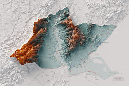 Mapa de relieve del Baix Ebre, con el territorio en color y el entorno en blanco. Vista completa de la lámina. 61 × 91 cm. Estilo Azul y naranja.