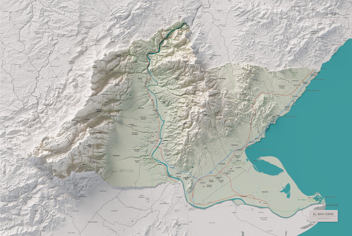 Mapa de relieve del Baix Ebre, con el territorio en color y el entorno en blanco. Vista completa de la lámina. 61 × 91 cm. Estilo Cartográfico.