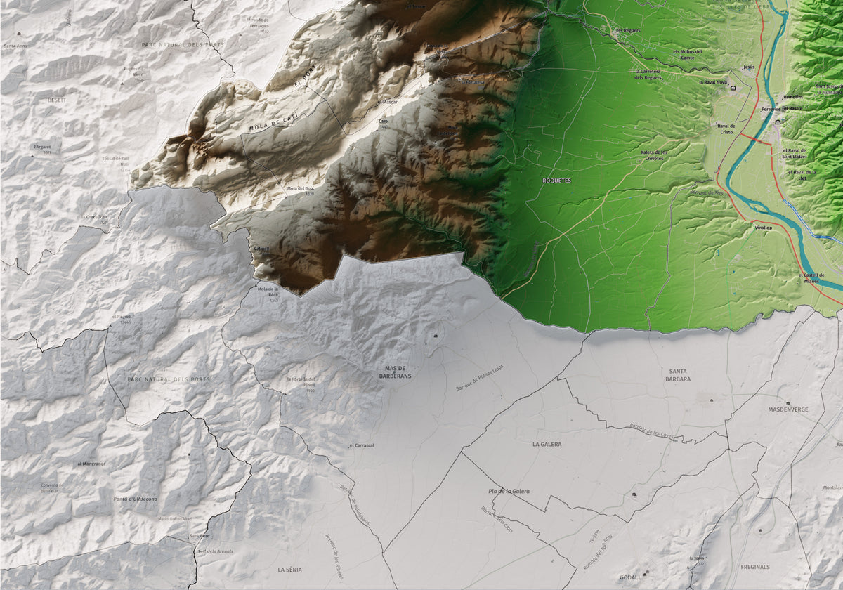 Mapa de relieve del Baix Ebre, con el territorio en color y el entorno en blanco. Detalle de la zona inferior izquierda. 70 × 100 cm. Estilo Clásico.