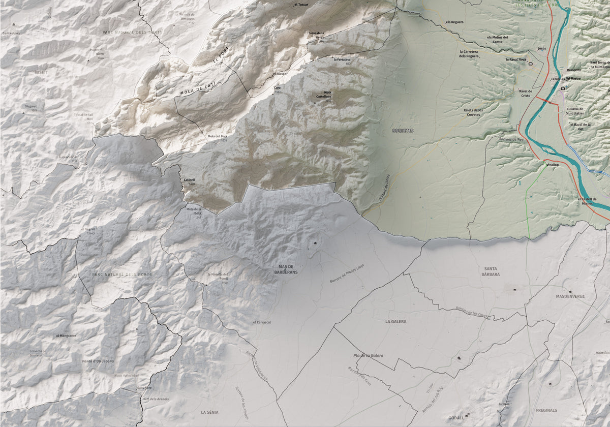 Mapa de relieve del Baix Ebre, con el territorio en color y el entorno en blanco. Detalle de la zona inferior izquierda. 70 × 100 cm. Estilo Cartográfico.