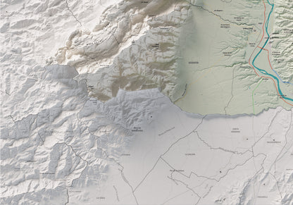 Mapa de relieve del Baix Ebre, con el territorio en color y el entorno en blanco. Detalle de la zona inferior izquierda. 70 × 100 cm. Estilo Cartográfico.