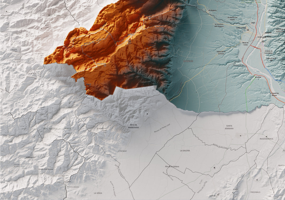 Mapa de relieve del Baix Ebre, con el territorio en color y el entorno en blanco. Detalle de la zona inferior izquierda. 70 × 100 cm. Estilo Azul y naranja.