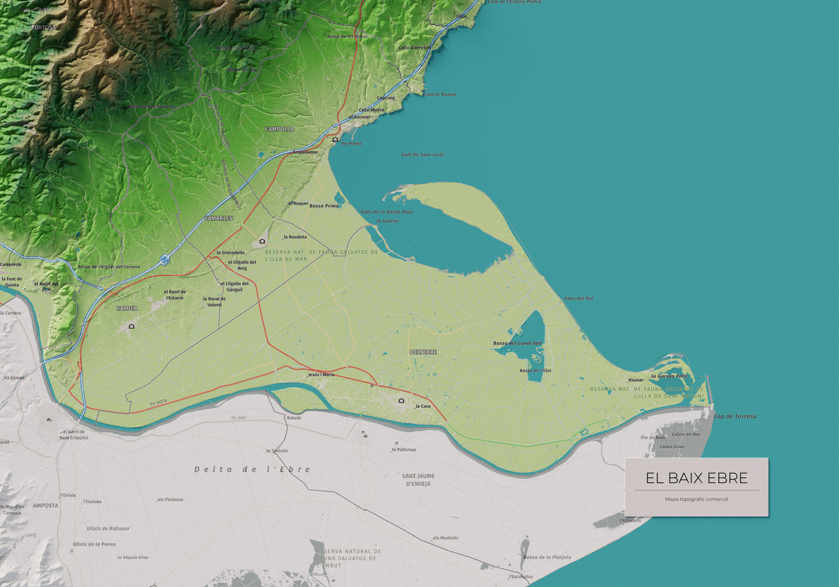 Mapa de relieve del Baix Ebre, con el territorio en color y el entorno en blanco. Detalle de la zona inferior derecha. 70 × 100 cm. Estilo Clásico.