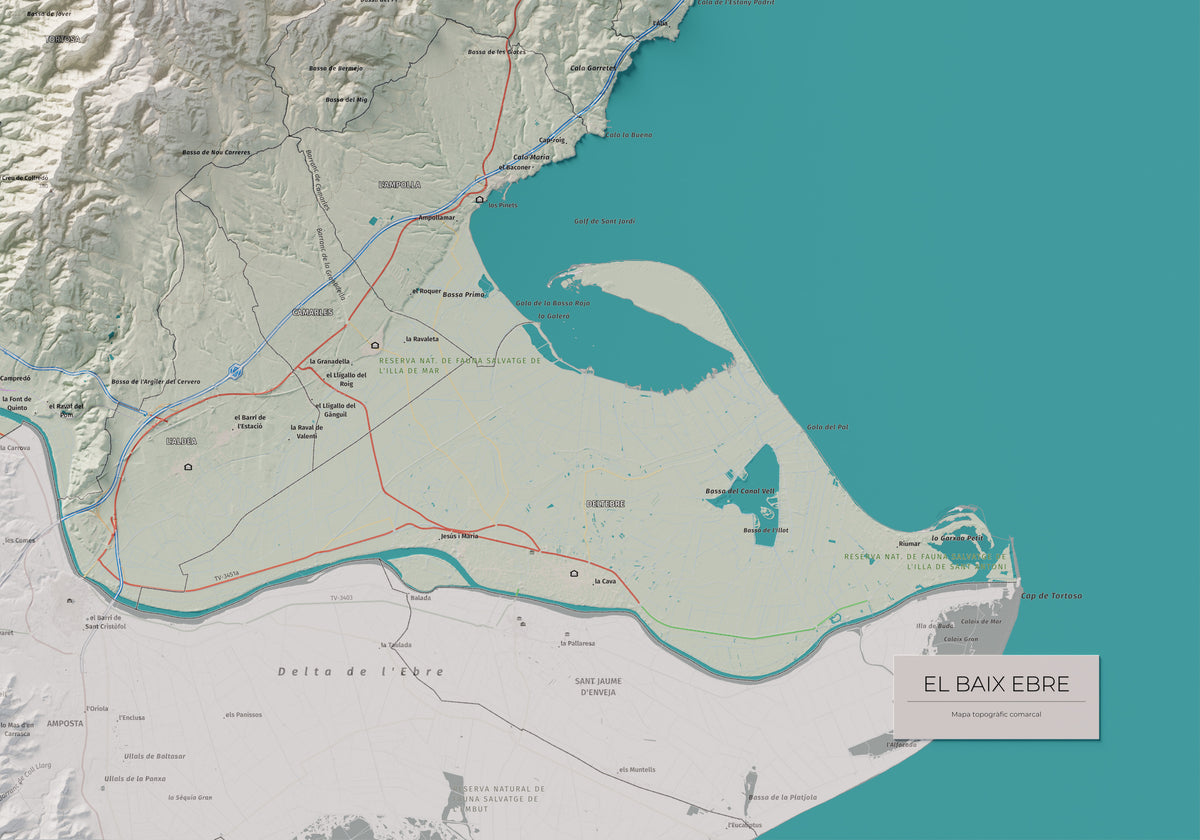 Mapa de relieve del Baix Ebre, con el territorio en color y el entorno en blanco. Detalle de la zona inferior derecha. 70 × 100 cm. Estilo Cartográfico.