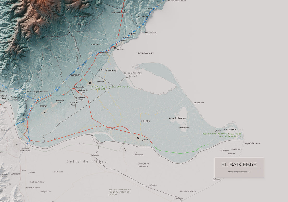 Mapa de relieve del Baix Ebre, con el territorio en color y el entorno en blanco. Detalle de la zona inferior derecha. 70 × 100 cm. Estilo Azul y naranja.