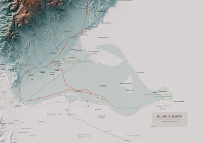 Mapa de relieve del Baix Ebre, con el territorio en color y el entorno en blanco. Detalle de la zona inferior derecha. 70 × 100 cm. Estilo Azul y naranja.