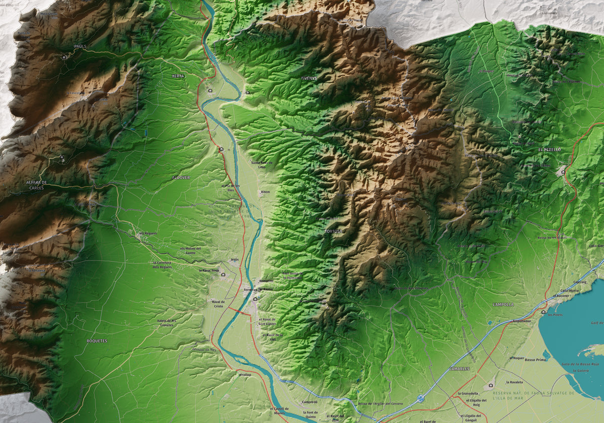 Mapa de relieve del Baix Ebre, con el territorio en color y el entorno en blanco. Detalle de la zona central. 70 × 100 cm. Estilo Clásico.