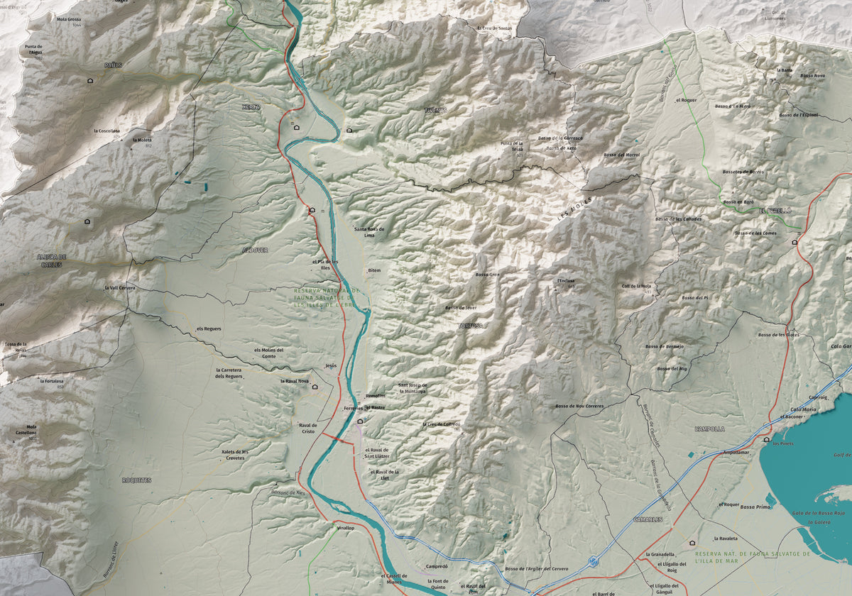 Mapa de relieve del Baix Ebre, con el territorio en color y el entorno en blanco. Detalle de la zona central. 70 × 100 cm. Estilo Cartográfico.