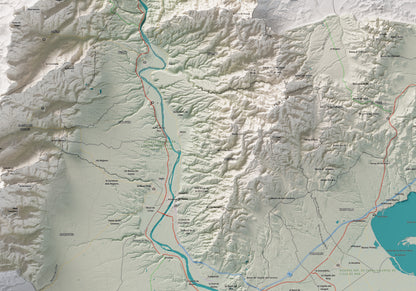 Mapa de relieve del Baix Ebre, con el territorio en color y el entorno en blanco. Detalle de la zona central. 70 × 100 cm. Estilo Cartográfico.