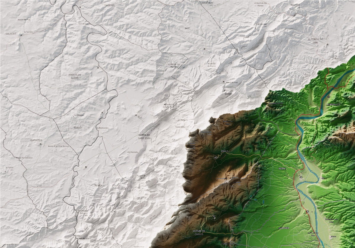 Mapa de relieve del Baix Ebre, con el territorio en color y el entorno en blanco. Detalle de la zona superior izquierda. 70 × 100 cm. Estilo Clásico.
