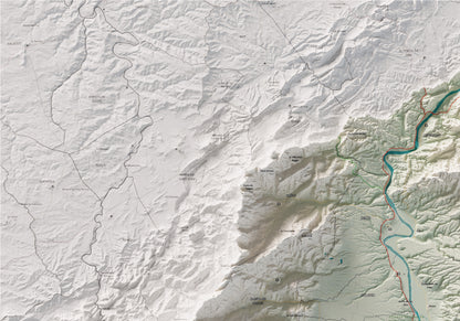 Mapa de relieve del Baix Ebre, con el territorio en color y el entorno en blanco. Detalle de la zona superior izquierda. 70 × 100 cm. Estilo Cartográfico.