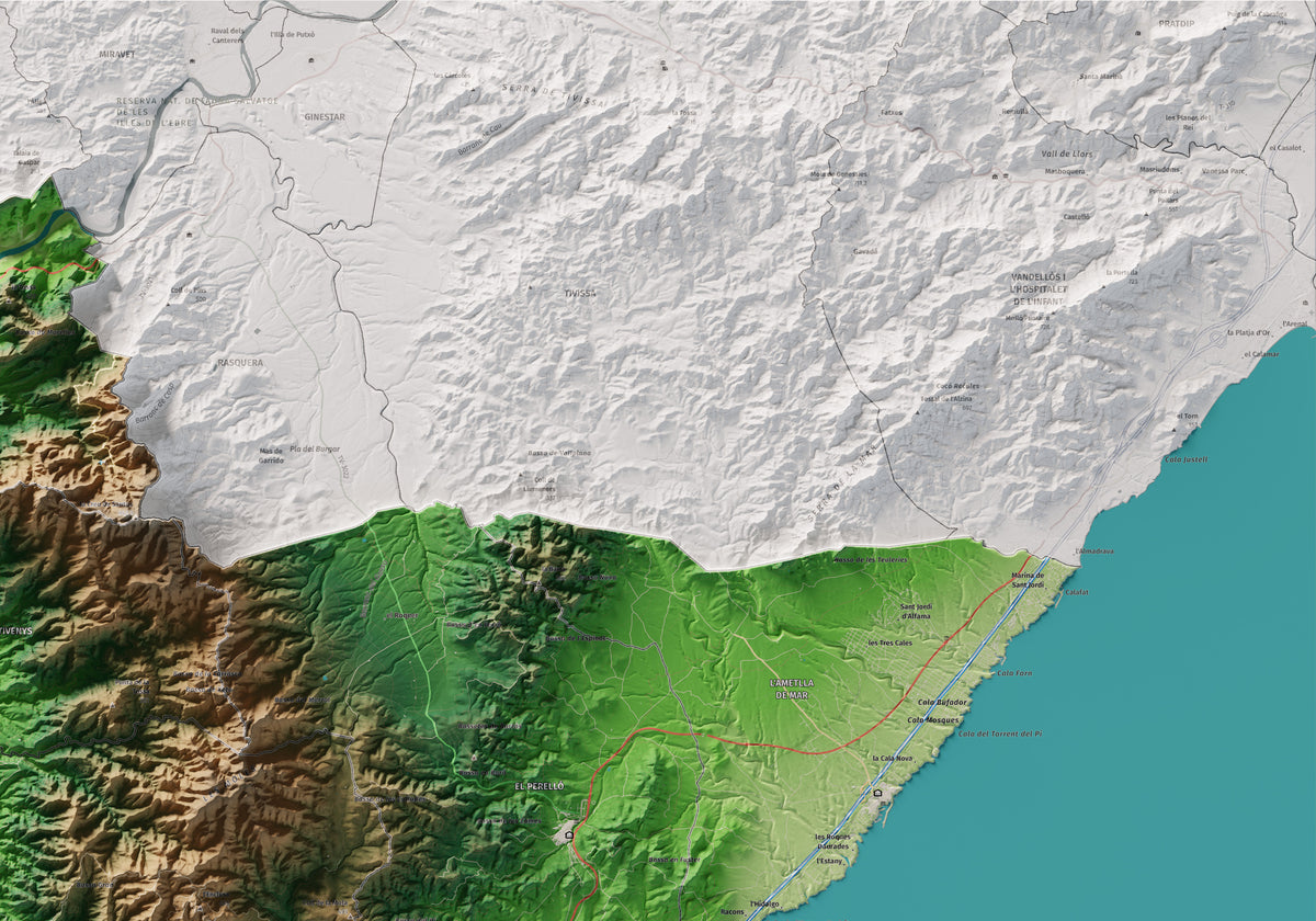 Mapa de relieve del Baix Ebre, con el territorio en color y el entorno en blanco. Detalle de la zona superior derecha. 70 × 100 cm. Estilo Clásico.
