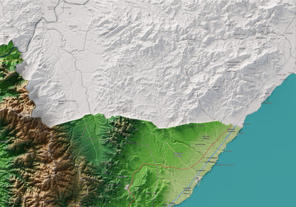 Mapa de relieve del Baix Ebre, con el territorio en color y el entorno en blanco. Detalle de la zona superior derecha. 70 × 100 cm. Estilo Clásico.