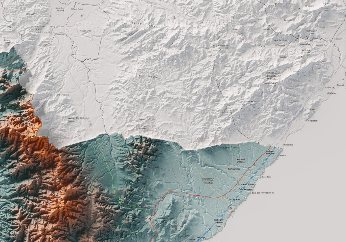 Mapa de relieve del Baix Ebre, con el territorio en color y el entorno en blanco. Detalle de la zona superior derecha. 70 × 100 cm. Estilo Azul y naranja.