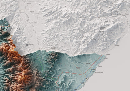 Mapa de relieve del Baix Ebre, con el territorio en color y el entorno en blanco. Detalle de la zona superior derecha. 70 × 100 cm. Estilo Azul y naranja.