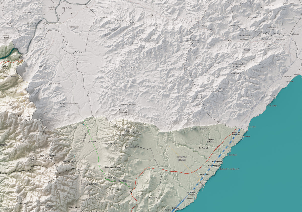Mapa de relieve del Baix Ebre, con el territorio en color y el entorno en blanco. Detalle de la zona superior derecha. 70 × 100 cm. Estilo Cartográfico.
