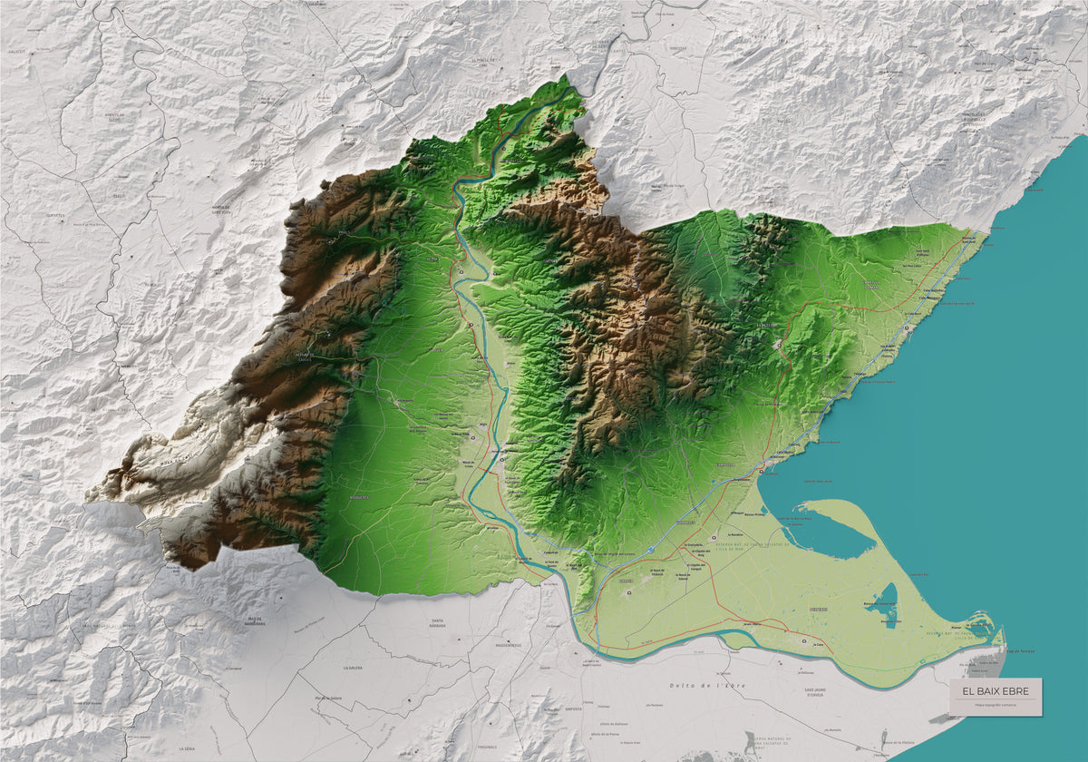 Mapa de relieve del Baix Ebre, con el territorio en color y el entorno en blanco. Vista completa de la lámina. 70 × 100 cm. Estilo Clásico.