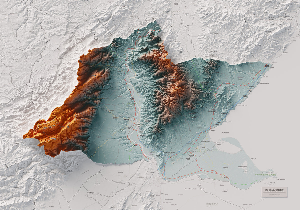 Mapa de relieve del Baix Ebre, con el territorio en color y el entorno en blanco. Vista completa de la lámina. 70 × 100 cm. Estilo Azul y naranja.
