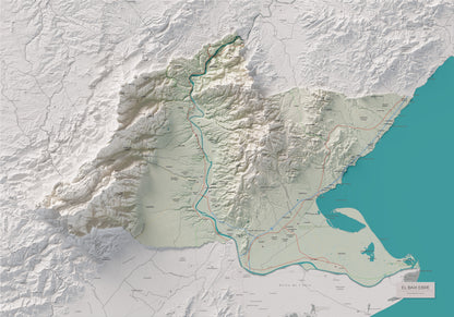 Mapa de relieve del Baix Ebre, con el territorio en color y el entorno en blanco. Vista completa de la lámina. 70 × 100 cm. Estilo Cartográfico.